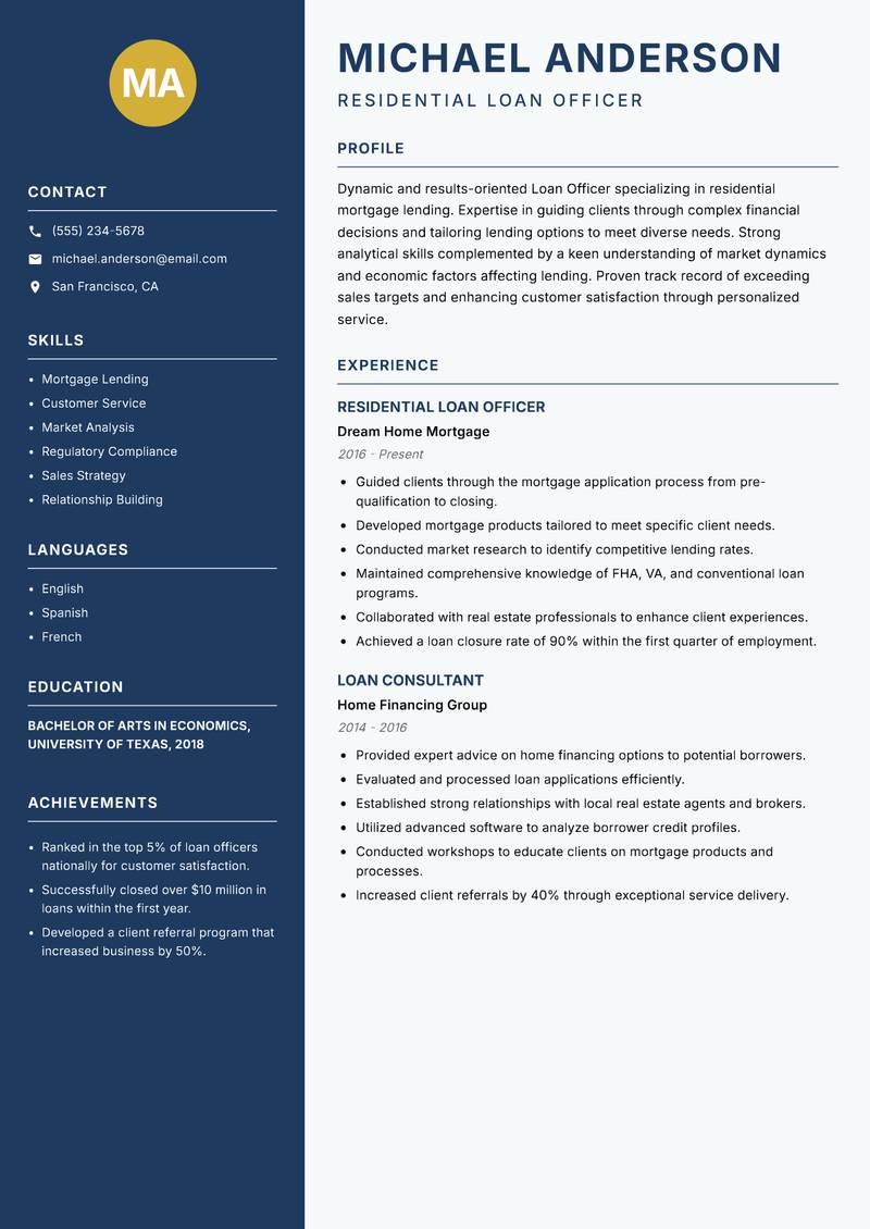 Loan Officer resume sample — Residential Loan Officer focus