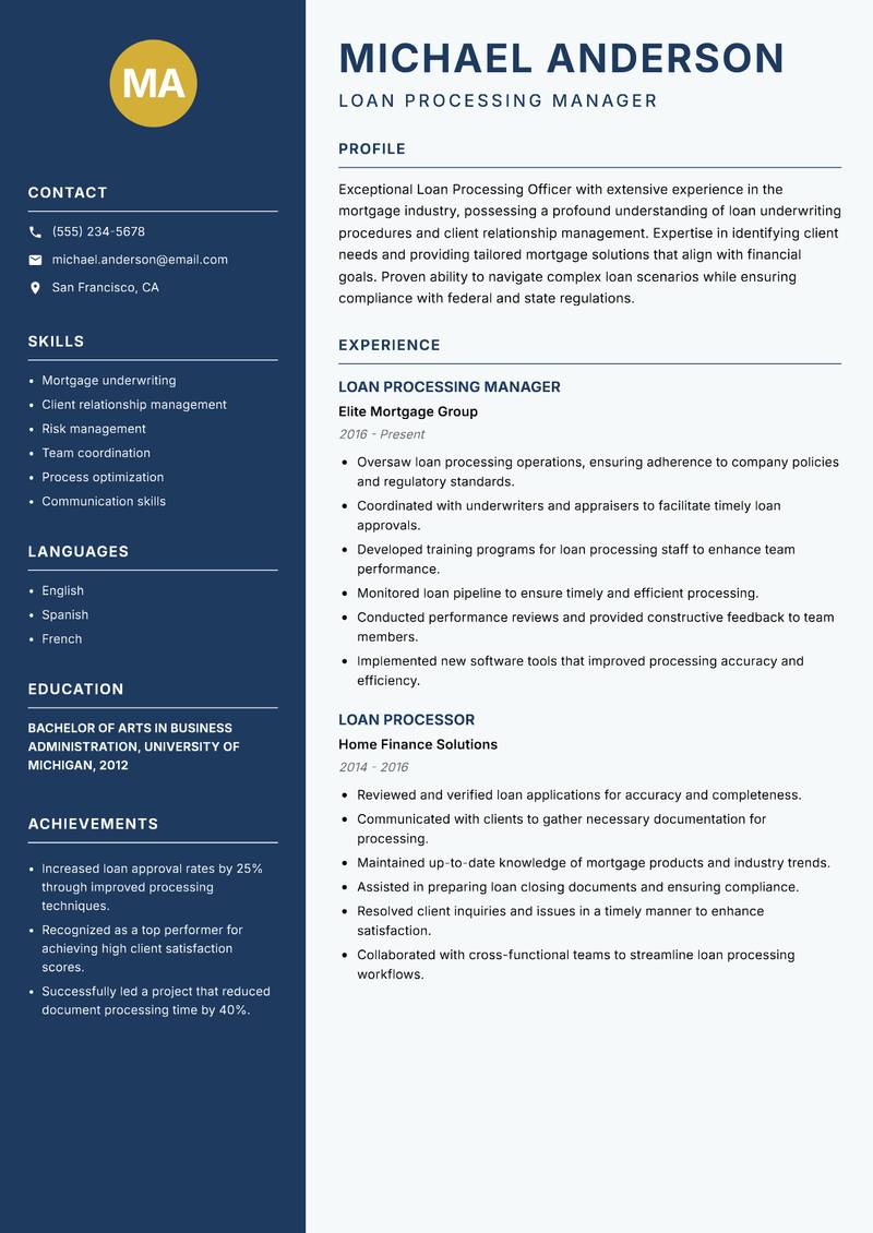 Loan Processing Officer resume sample — Loan Processing Manager focus