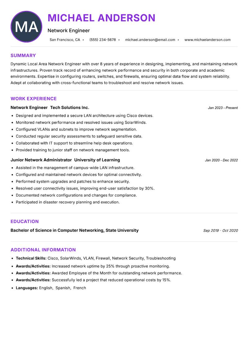 Local Area Network Engineer resume example
