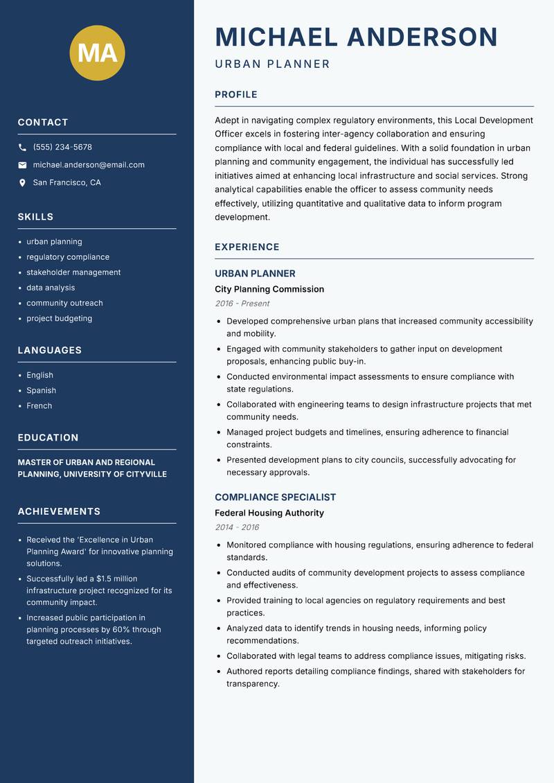 Local Development Officer resume sample — Urban Planner focus