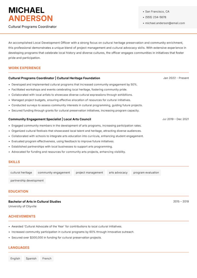 Local Development Officer resume sample — Cultural Programs Coordinator focus