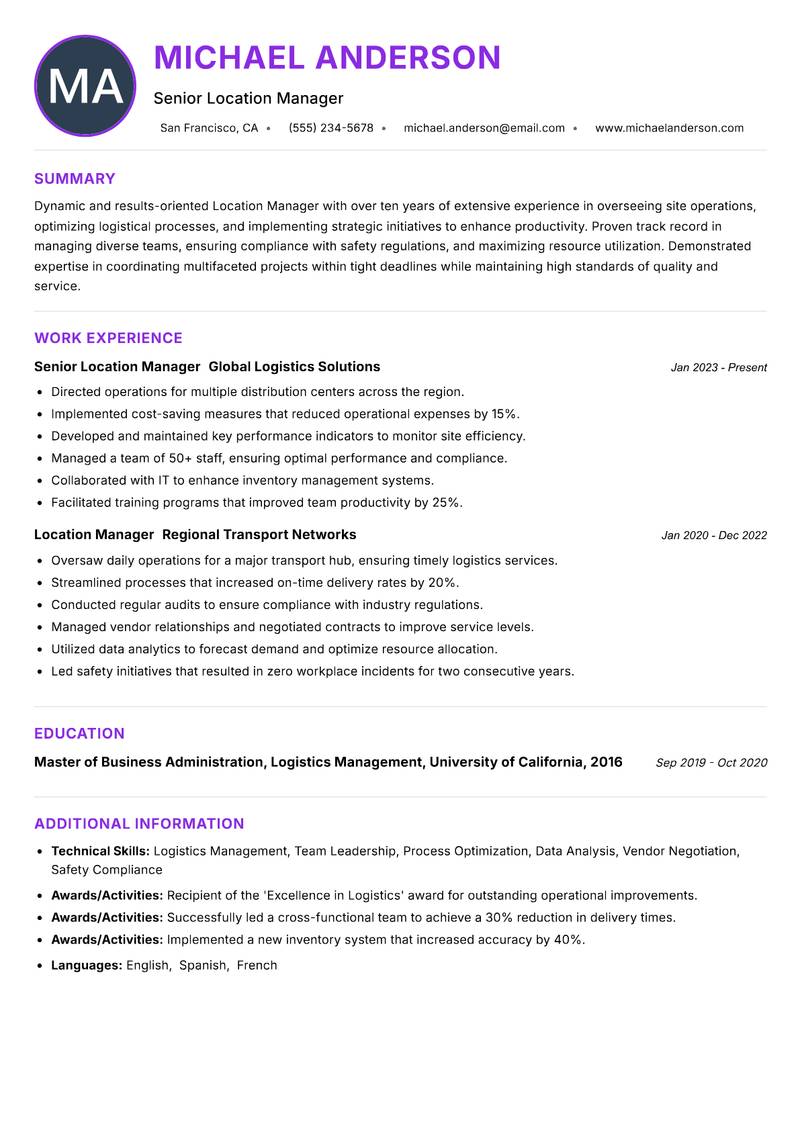Location Manager resume example