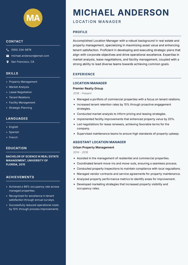 Location Manager resume sample — Location Manager focus