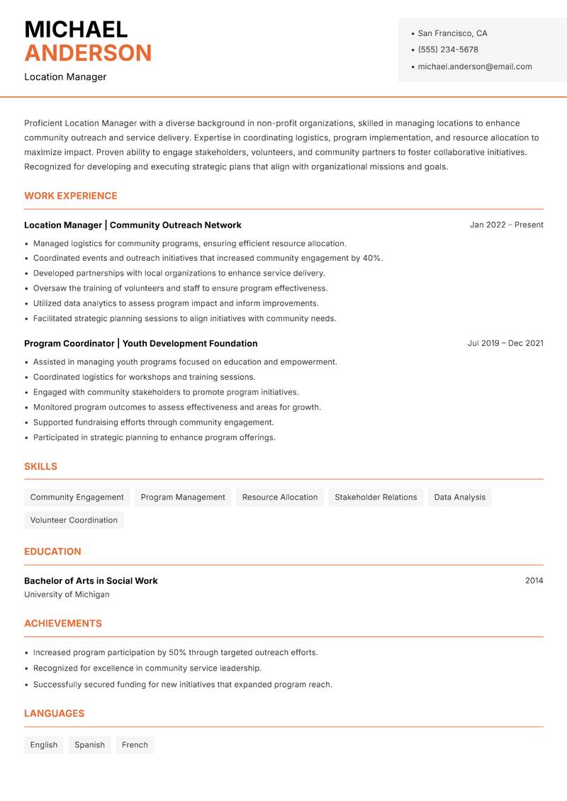 Location Manager resume sample — Location Manager focus