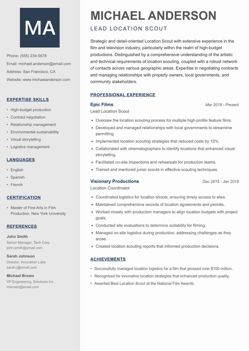 Location Scout resume sample — Lead Location Scout focus