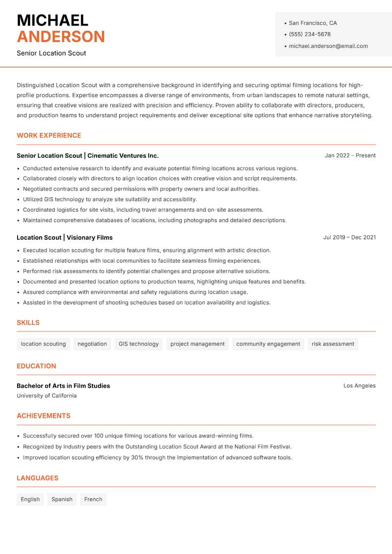 Location Scout resume sample — Senior Location Scout focus