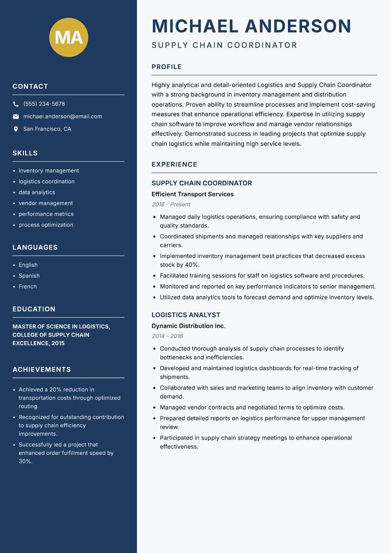 Logistics and Supply Chain Coordinator resume sample — Supply Chain Coordinator focus