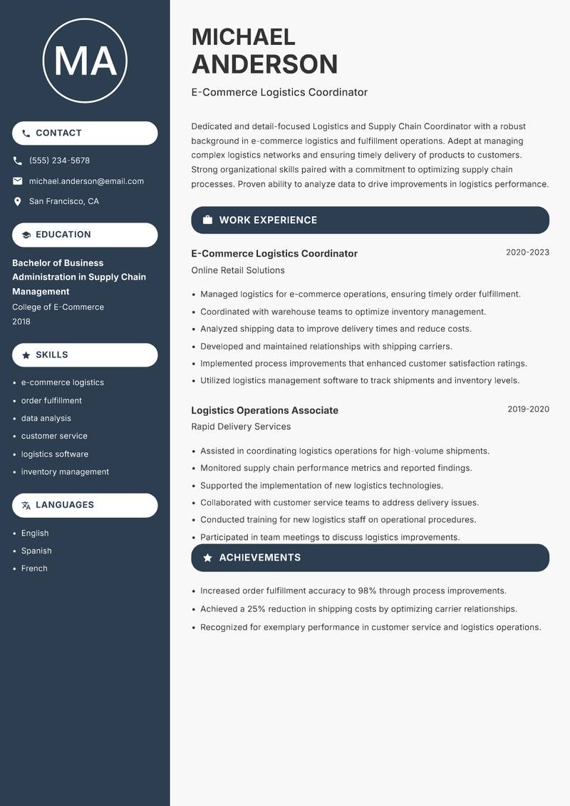 Logistics and Supply Chain Coordinator resume sample — E-Commerce Logistics Coordinator focus