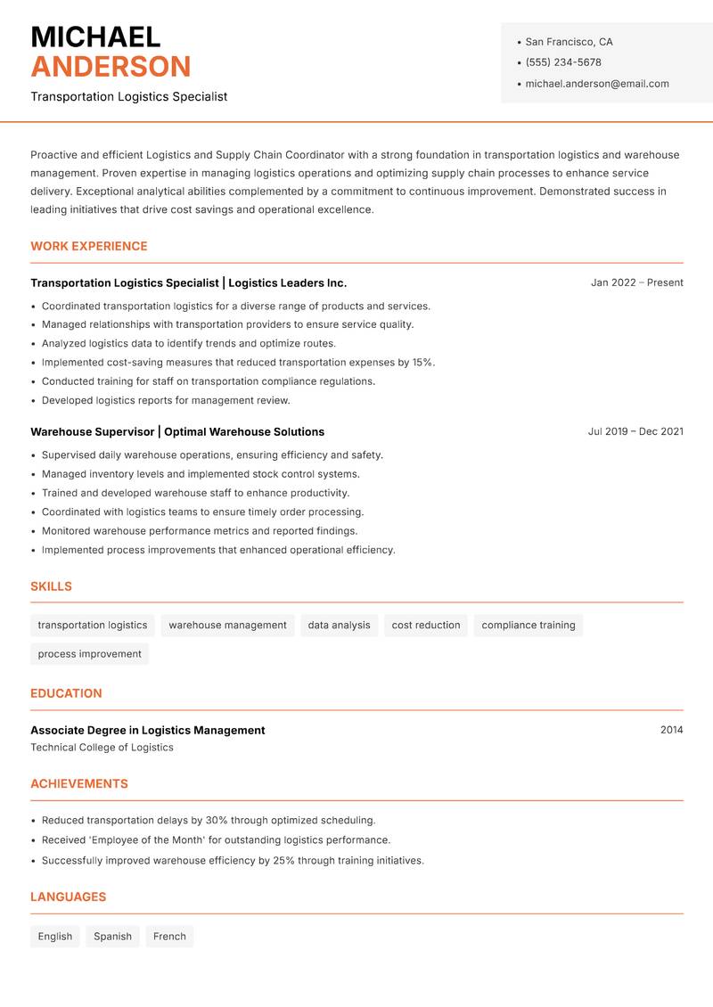 Logistics and Supply Chain Coordinator resume sample — Transportation Logistics Specialist focus