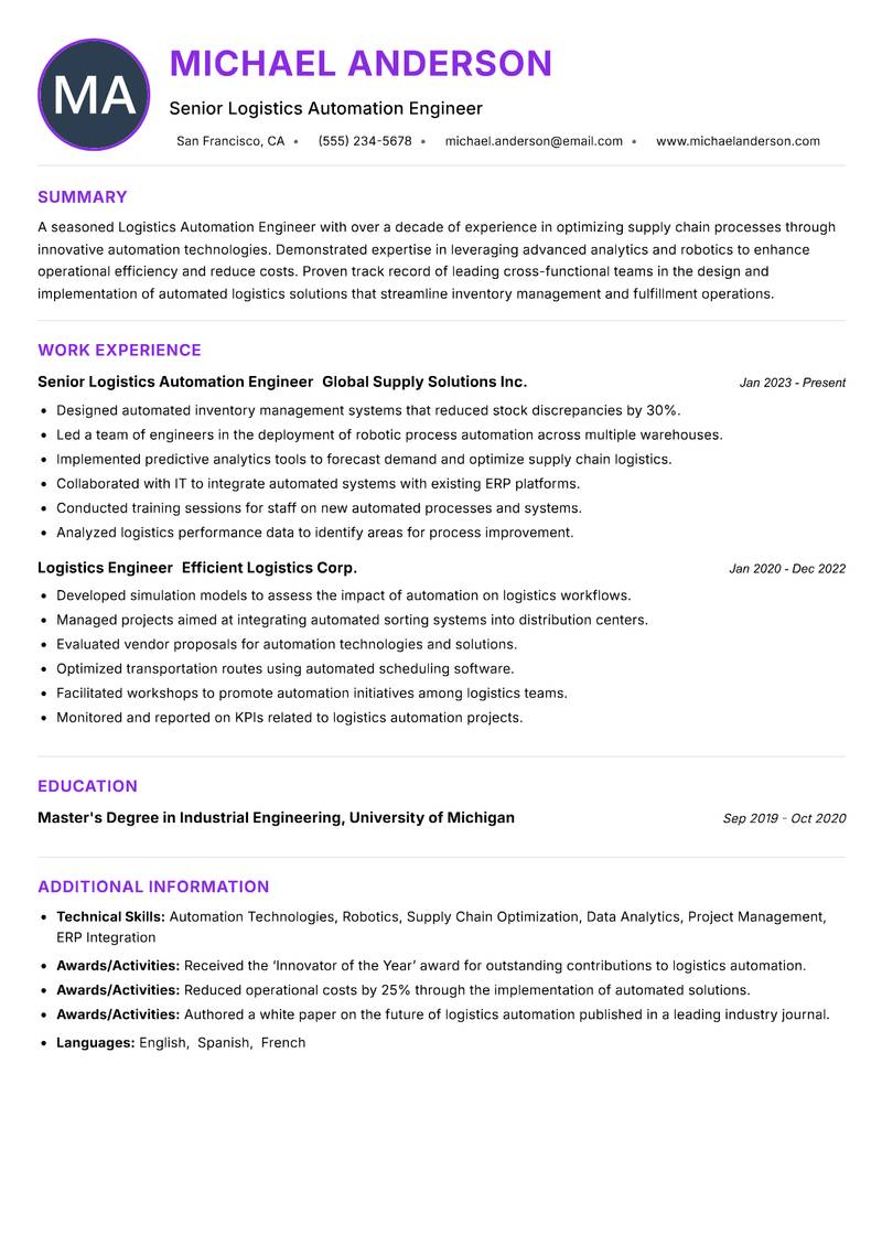 Logistics Automation Engineer resume example