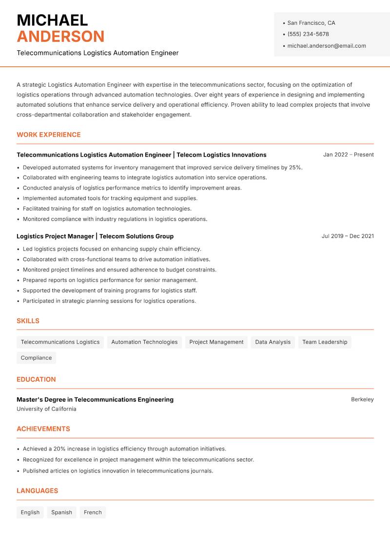 Logistics Automation Engineer resume sample — Telecommunications Logistics Automation Engineer focus