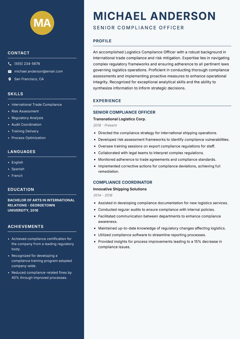 Logistics Compliance Officer resume sample — Senior Compliance Officer focus