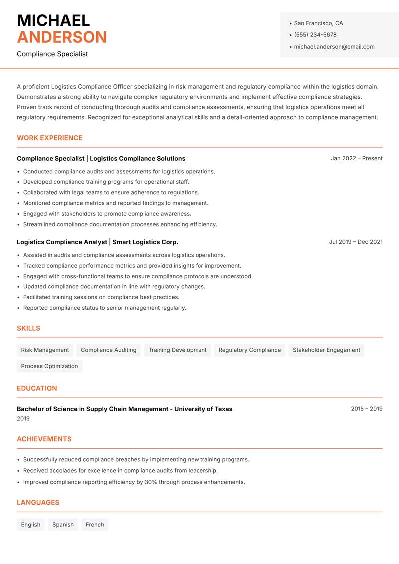 Logistics Compliance Officer resume sample — Compliance Specialist focus