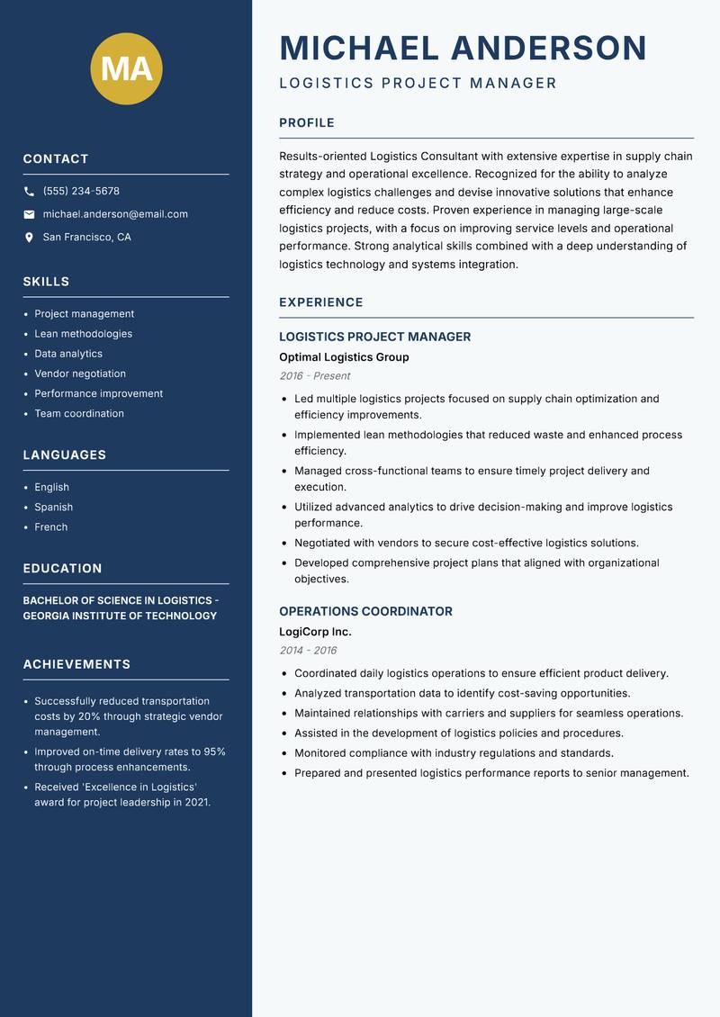 Logistics Consultant resume sample — Logistics Project Manager focus