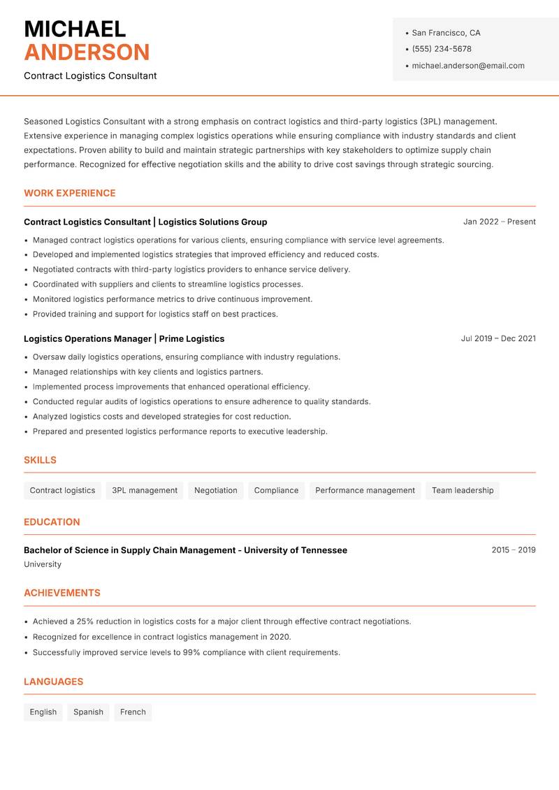 Logistics Consultant resume sample — Contract Logistics Consultant focus