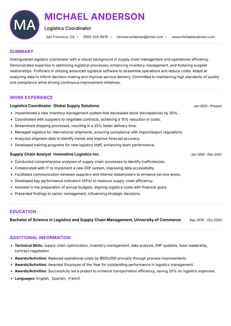 Logistics Coordinator resume example