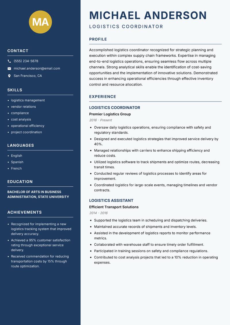 Logistics Coordinator resume sample — Logistics Coordinator focus