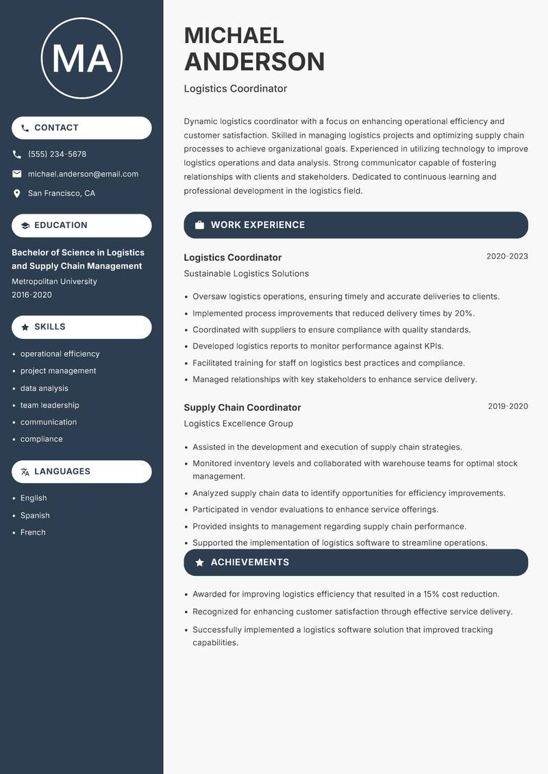Logistics Coordinator resume sample — Logistics Coordinator focus