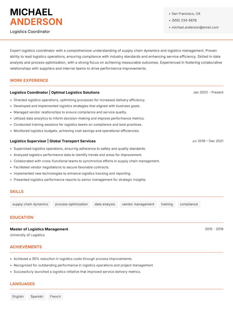 Logistics Coordinator resume sample — Logistics Coordinator focus