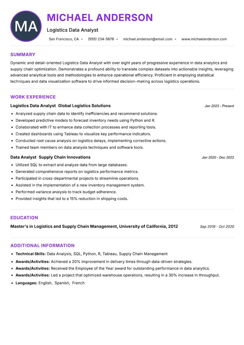 Logistics Data Analyst resume example