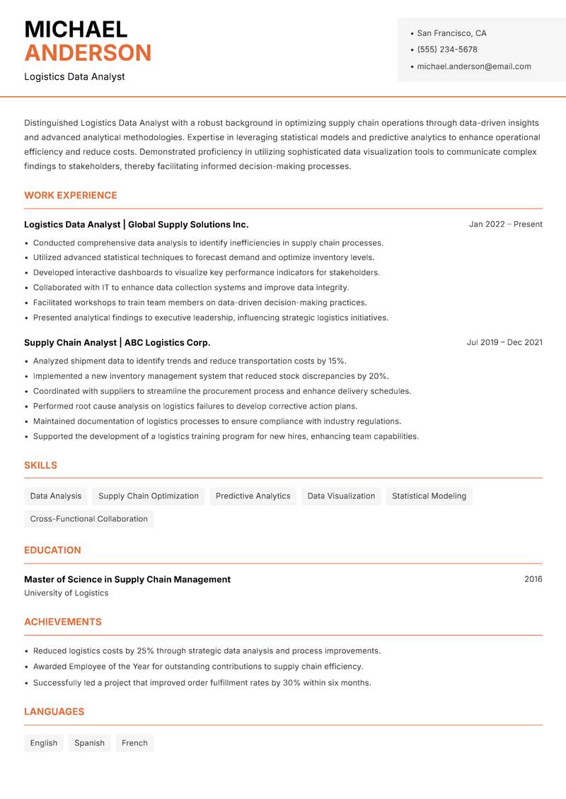 Logistics Data Analyst resume sample — Logistics Data Analyst focus