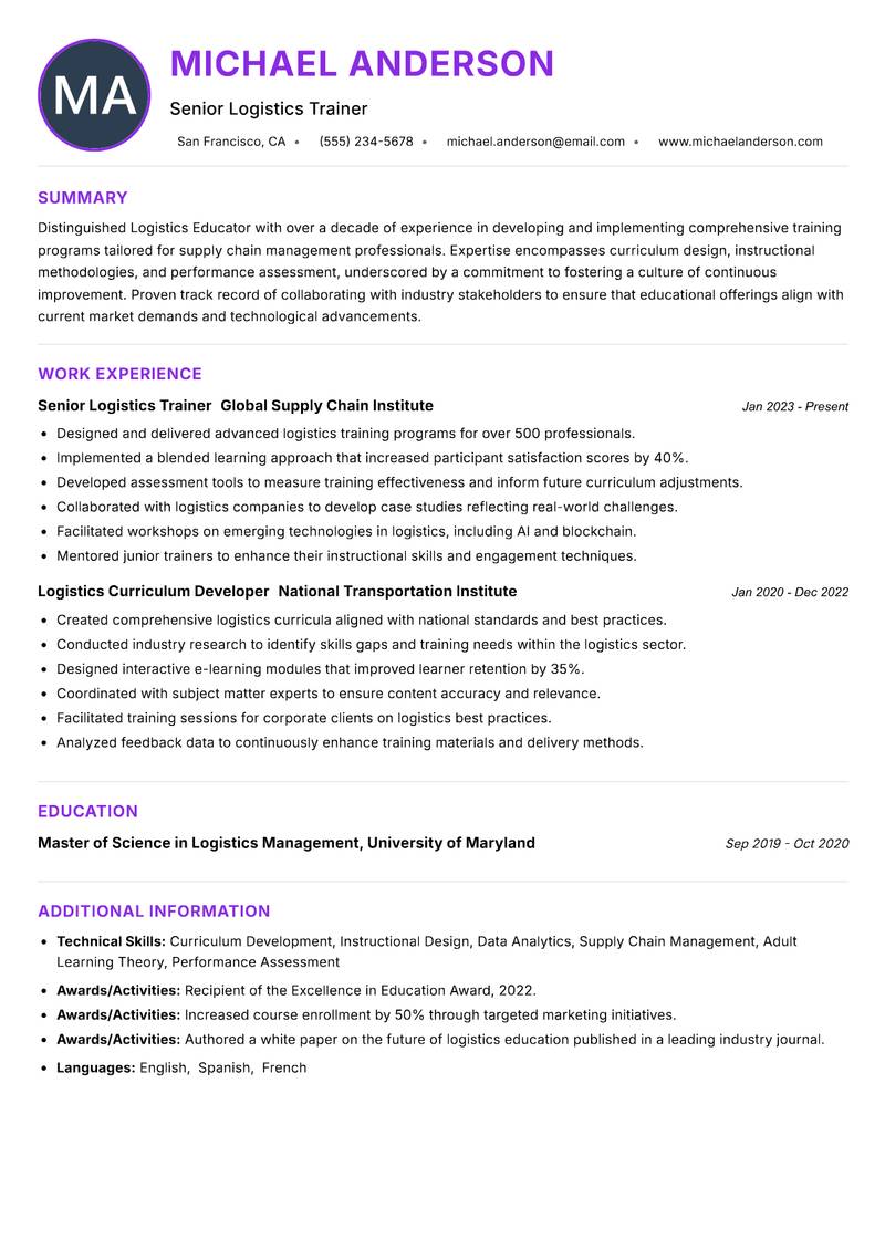 Logistics Educator resume example