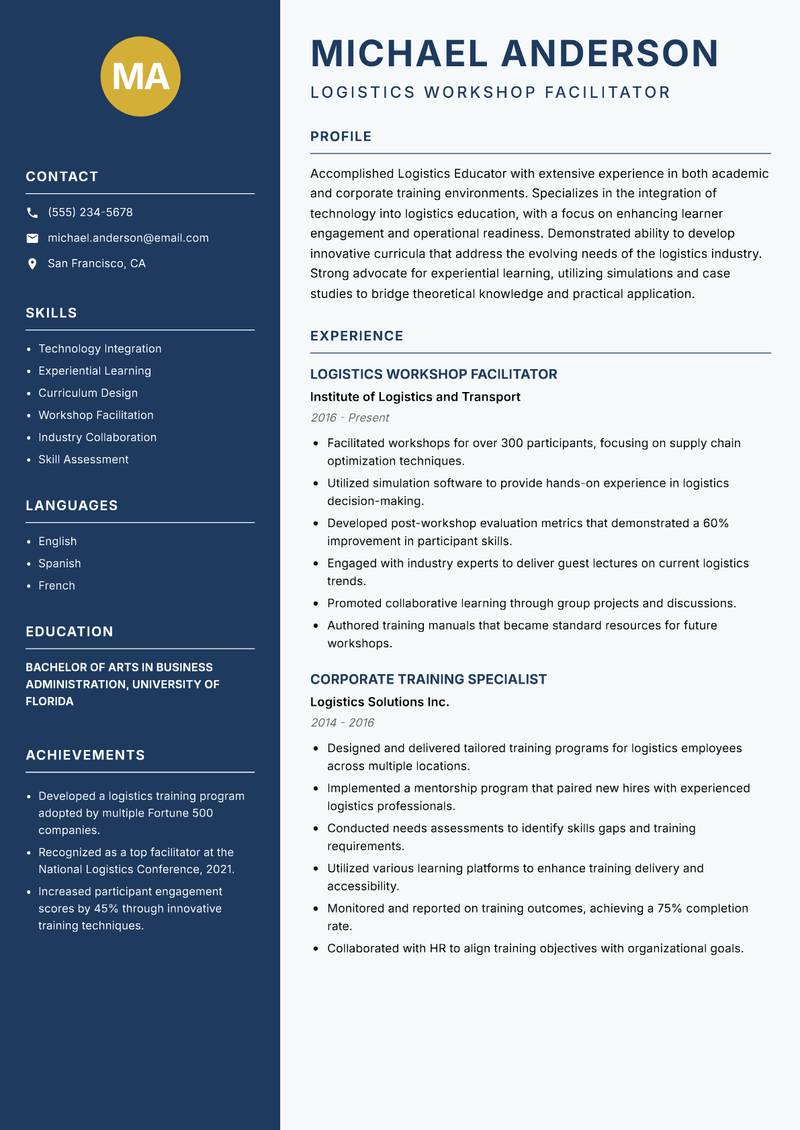 Logistics Educator resume sample — Logistics Workshop Facilitator focus