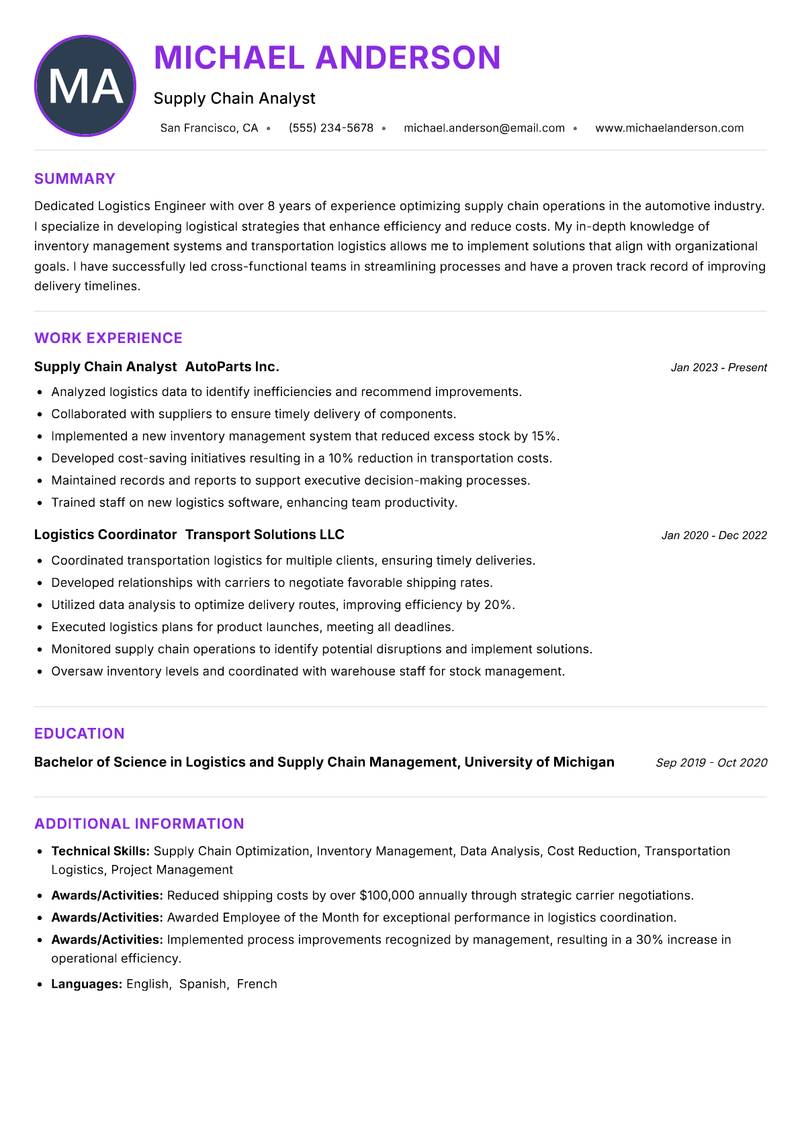 Logistics Engineer resume example