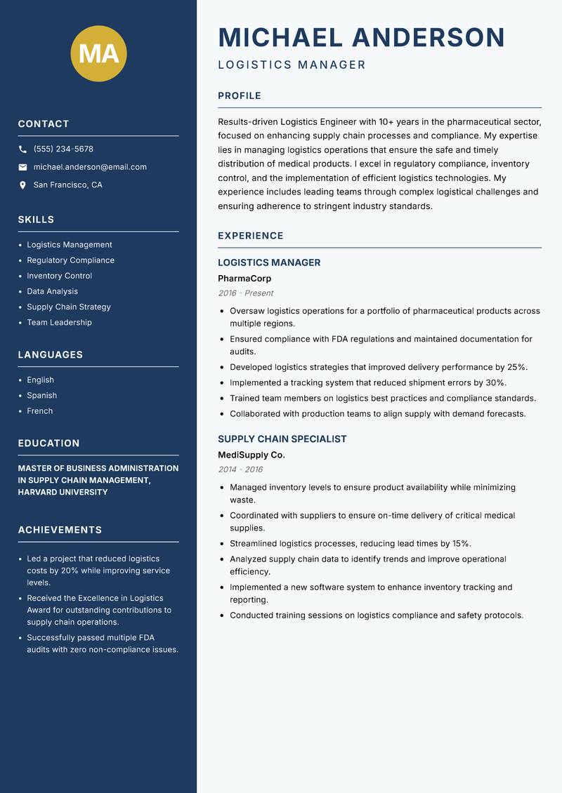 Logistics Engineer resume sample — Logistics Manager focus