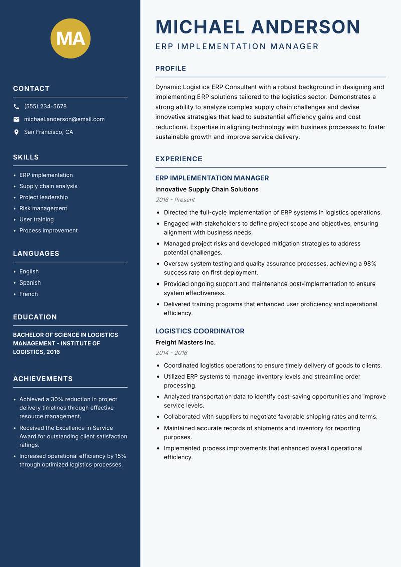 Logistics ERP Consultant resume sample — ERP Implementation Manager focus