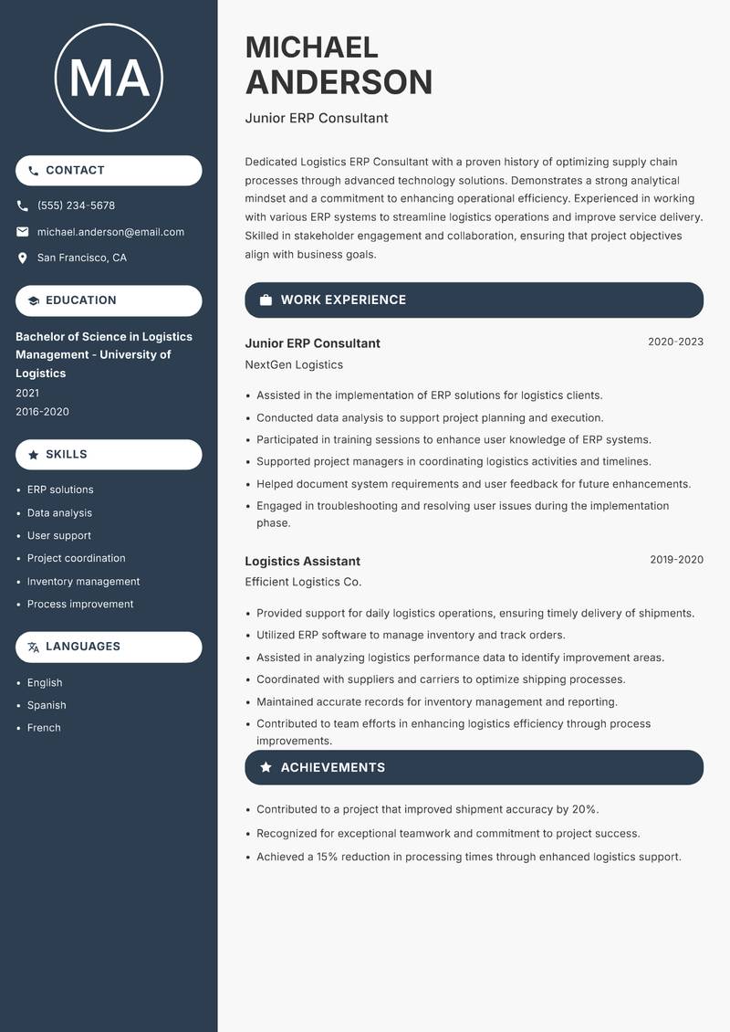 Logistics ERP Consultant resume sample — Junior ERP Consultant focus