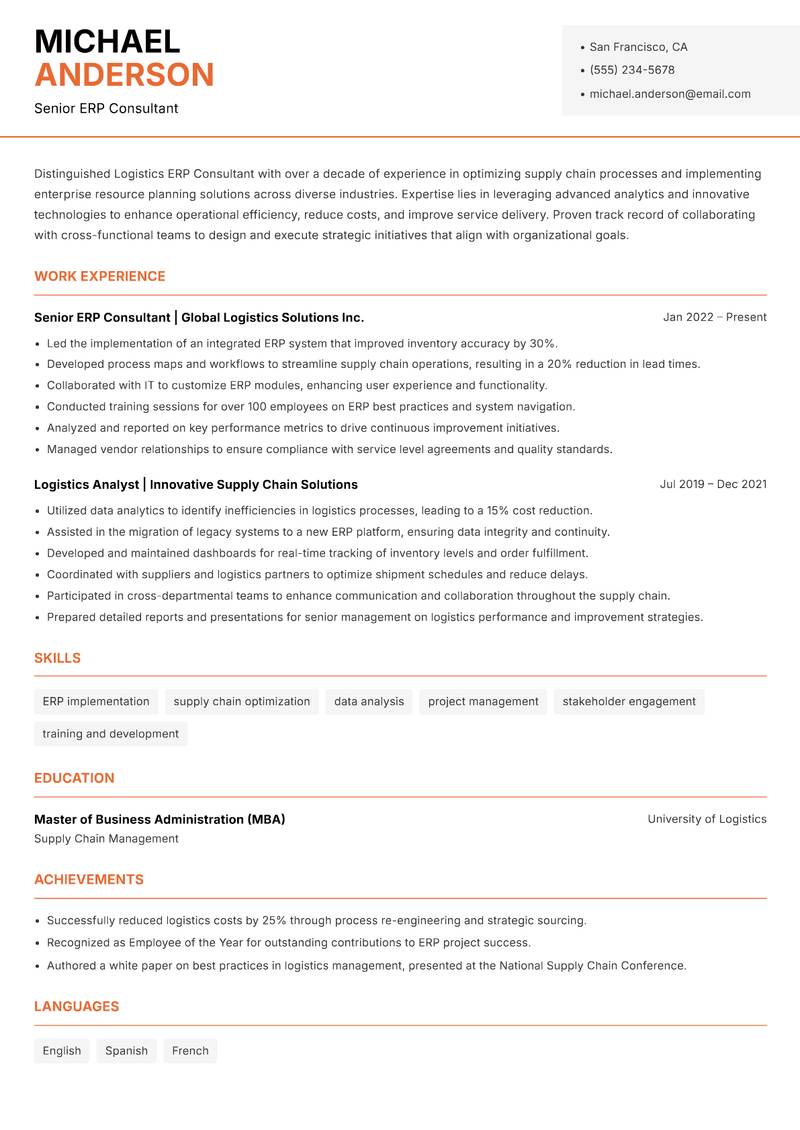 Logistics ERP Consultant resume sample — Senior ERP Consultant focus