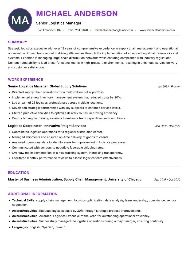 Logistics Executive resume example