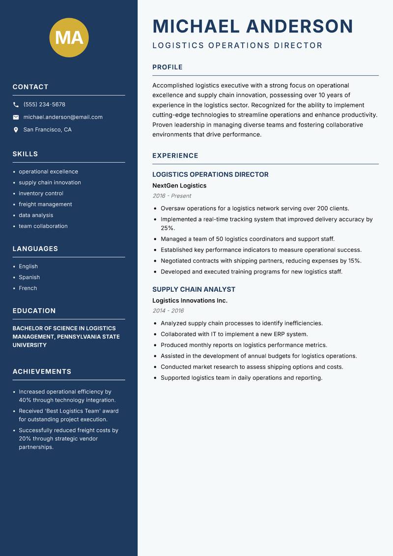 Logistics Executive resume sample — Logistics Operations Director focus