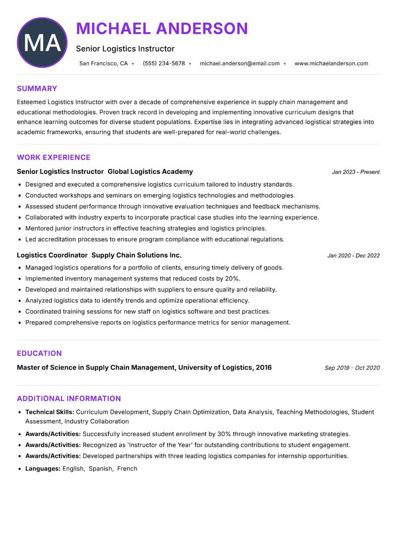 Logistics Instructor resume example