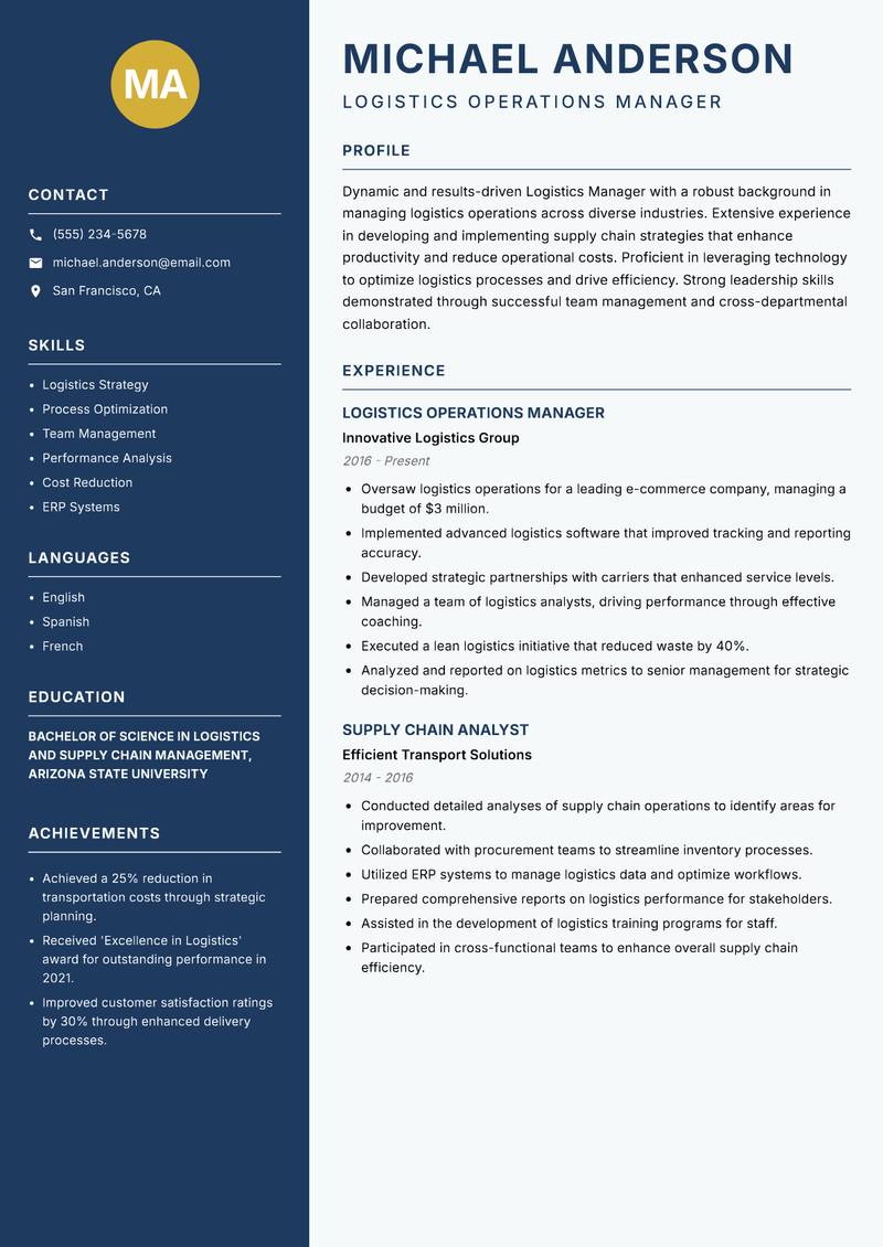 Logistics Manager resume sample — Logistics Operations Manager focus