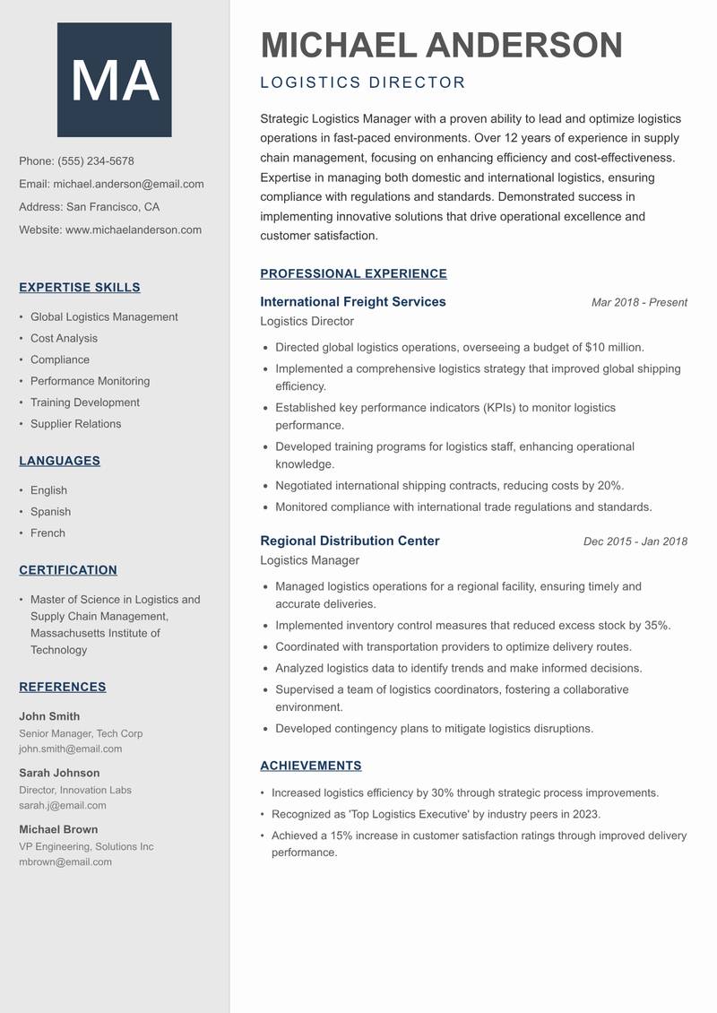 Logistics Manager resume sample — Logistics Director focus