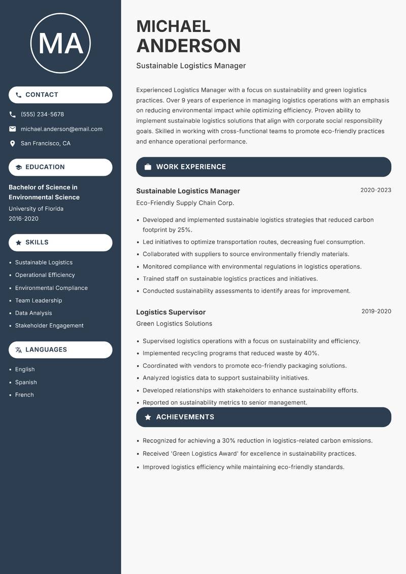 Logistics Manager resume sample — Sustainable Logistics Manager focus