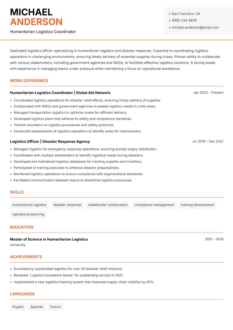 Logistics Officer resume sample — Humanitarian Logistics Coordinator focus
