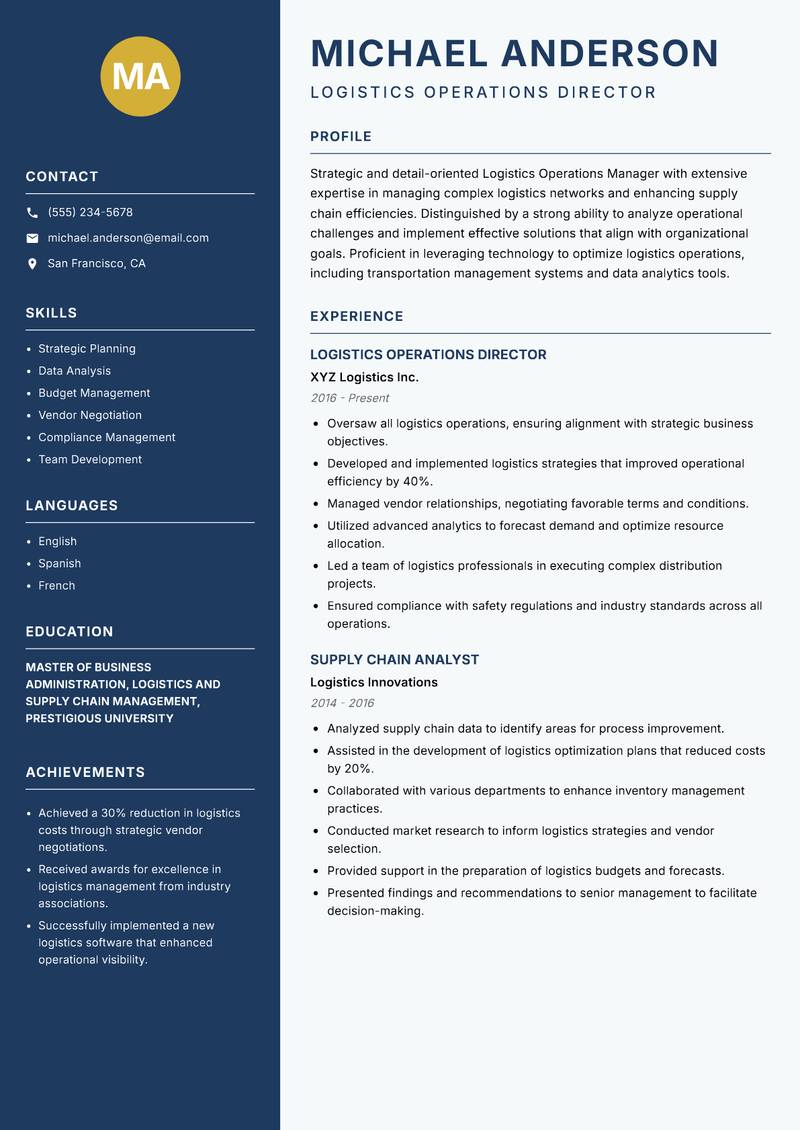 Logistics Operations Manager resume sample — Logistics Operations Director focus