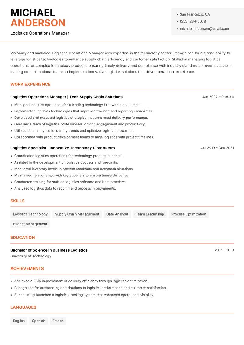 Logistics Operations Manager resume sample — Logistics Operations Manager focus