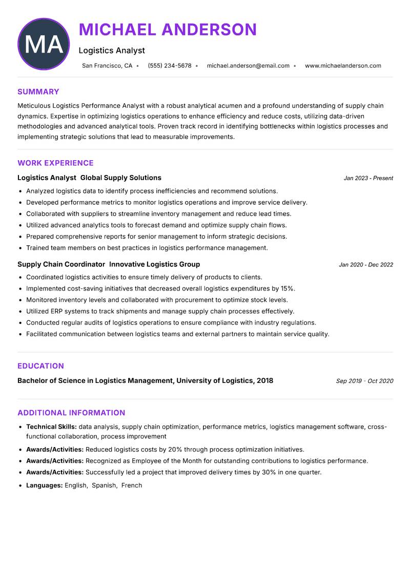 Logistics Performance Analyst resume example