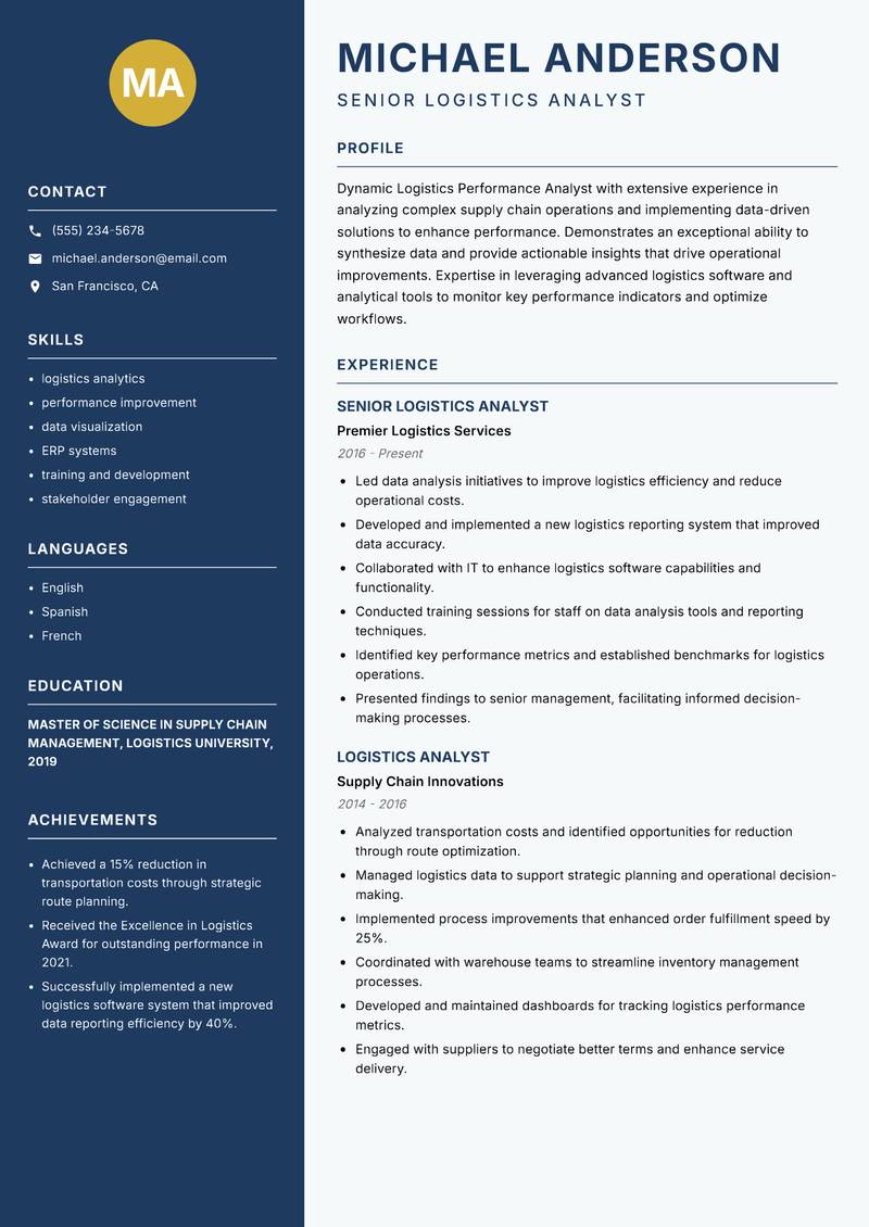 Logistics Performance Analyst resume sample — Senior Logistics Analyst focus