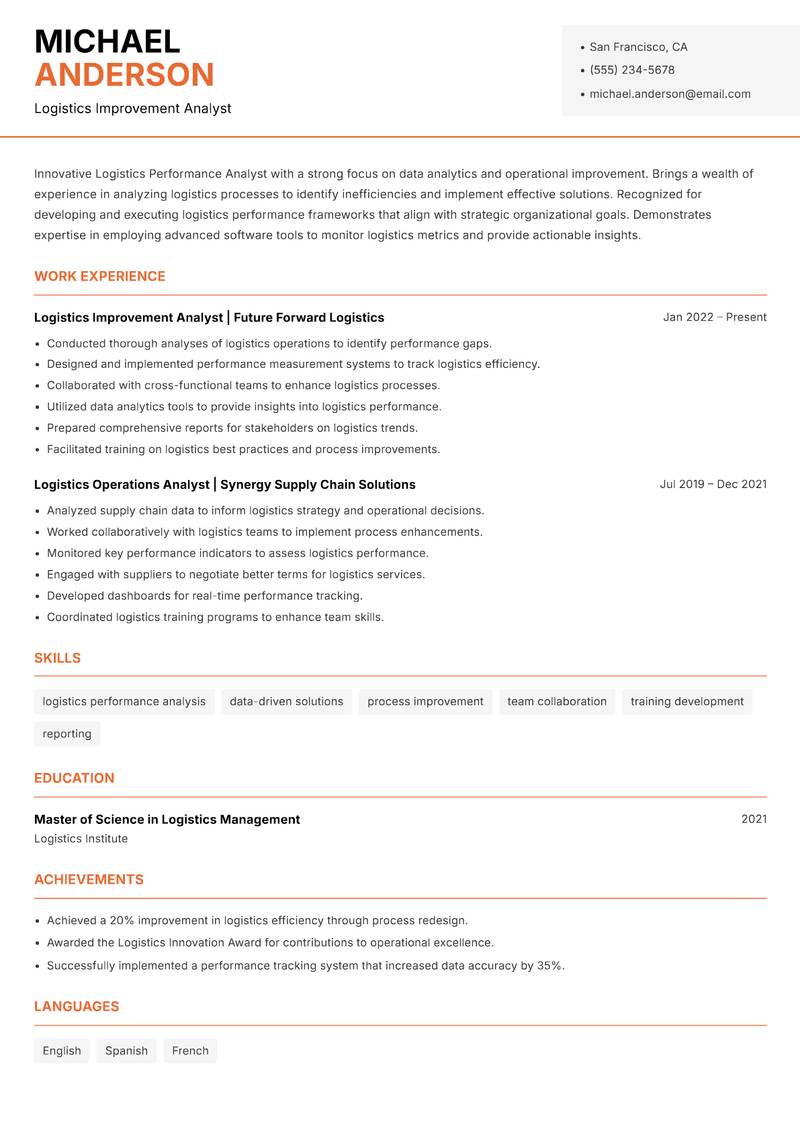 Logistics Performance Analyst resume sample — Logistics Improvement Analyst focus