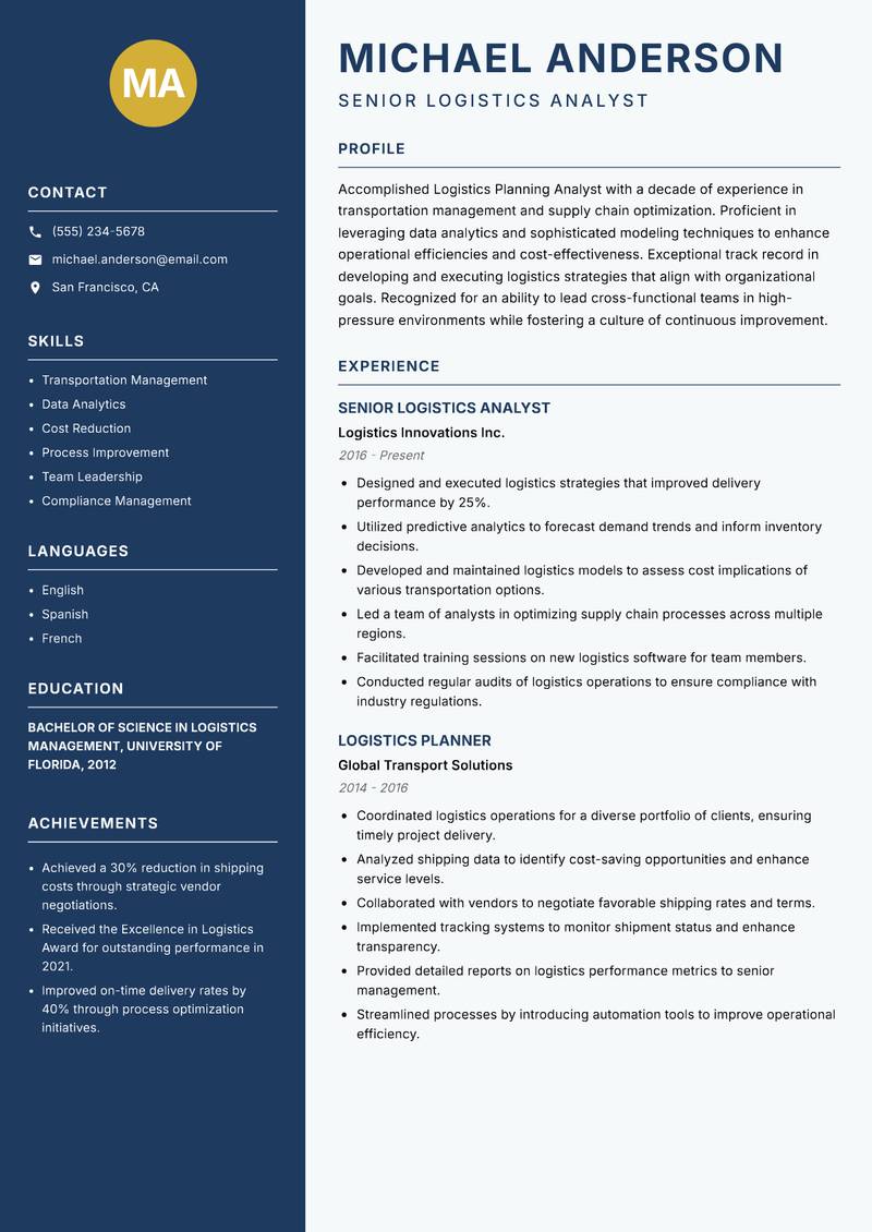 Logistics Planning Analyst resume sample — Senior Logistics Analyst focus