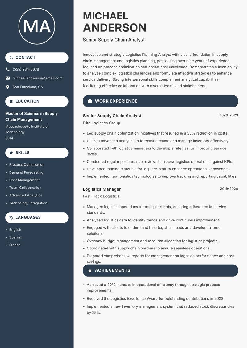 Logistics Planning Analyst resume sample — Senior Supply Chain Analyst focus