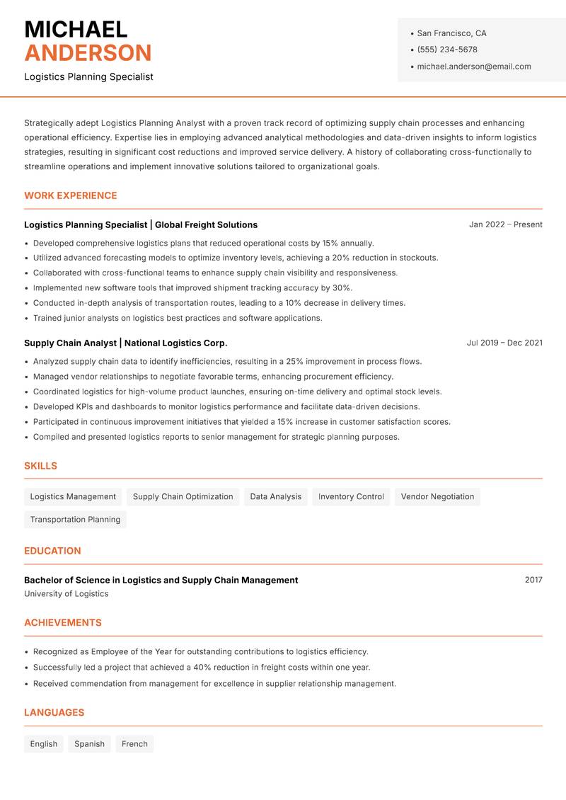 Logistics Planning Analyst resume sample — Logistics Planning Specialist focus