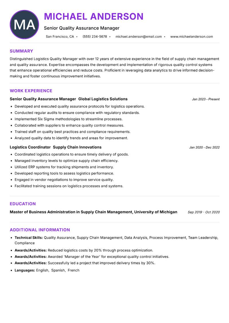 Logistics Quality Manager resume example