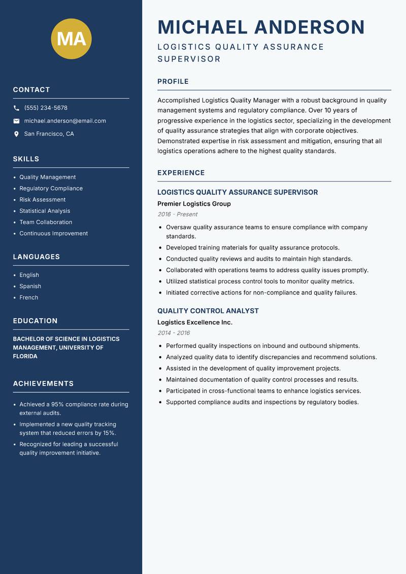 Logistics Quality Manager resume sample — Logistics Quality Assurance Supervisor focus
