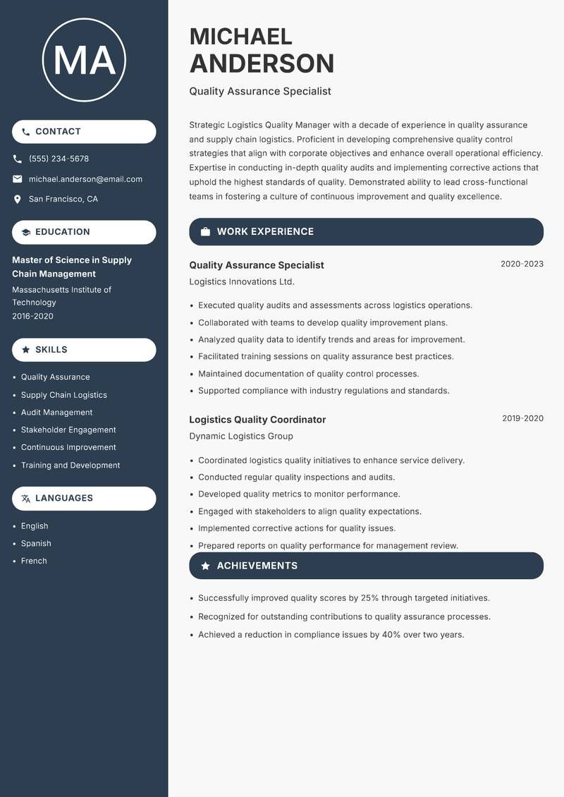 Logistics Quality Manager resume sample — Quality Assurance Specialist focus
